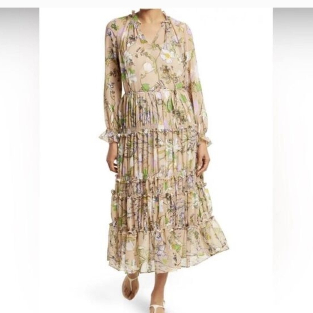 Halogen Floral Long Sleeve Dress in Cream and Green - Size S
